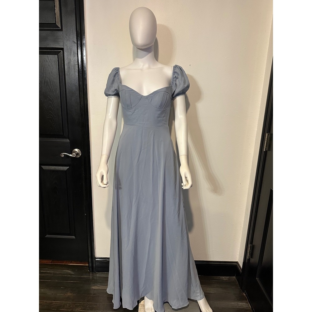 Womens Dusty Blue Chiffon Maxi Dress Puff Sleeve Bustier Back Tie Formal Gown